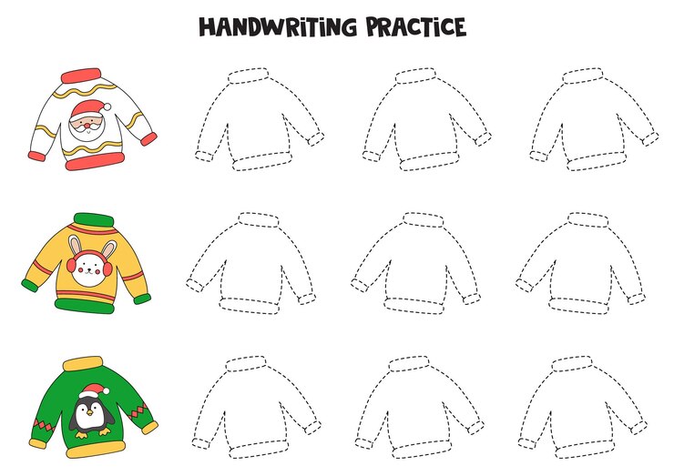 Vector trazando líneas con feos suéteres navideños. practica de la escritura.