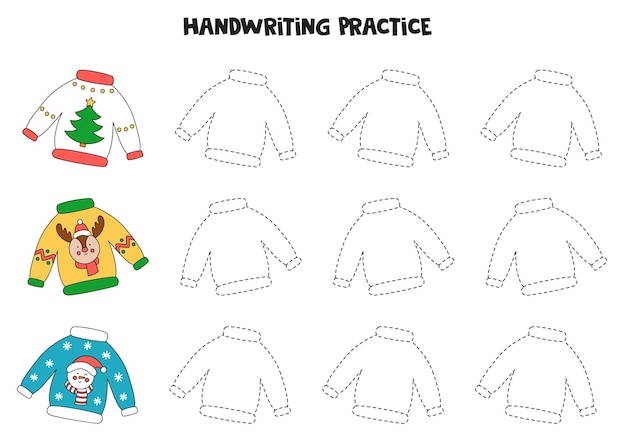 Trazando líneas con feos suéteres navideños. Practica de la escritura.