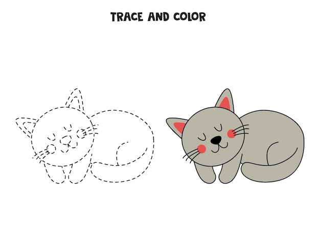 Trazar y colorear lindo gato dibujado a mano hoja de trabajo para niños