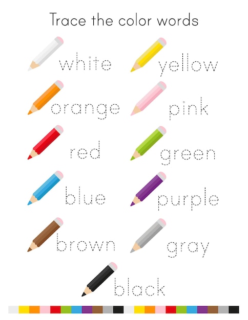 Trazar hojas de trabajo de práctica. Traza las palabras de colores. Actividad de escritura a mano. Preescolar y jardín de infantes