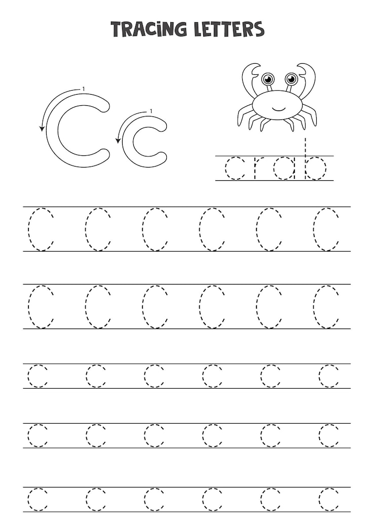 Vector trazar letras del alfabeto inglés. c mayúscula y minúscula c. práctica de escritura a mano para niños en edad preescolar.