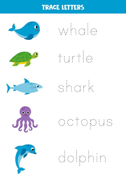 Trazar letras con lindos animales marinos Práctica de escritura