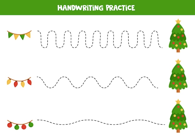 Trazar líneas para niños Lindas guirnaldas y árboles de Navidad Práctica de escritura