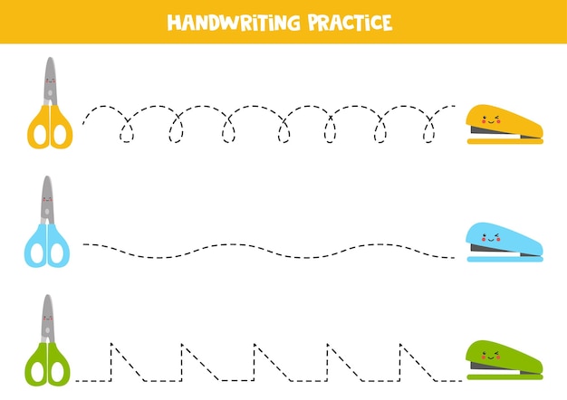Trazar líneas con tijeras y engrapadoras de colores práctica de escritura