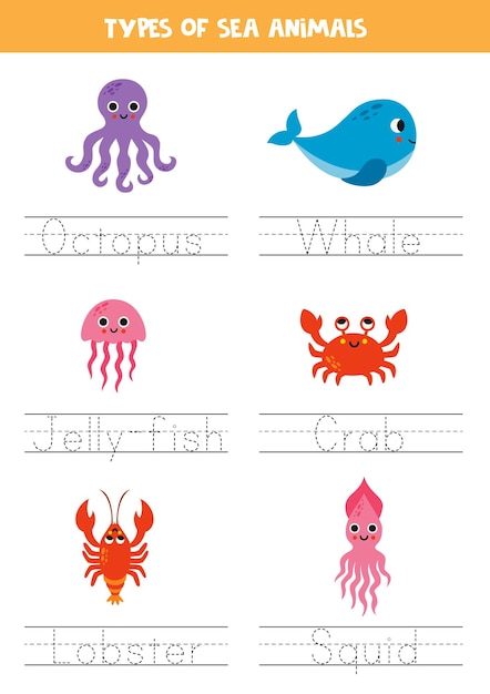 Trazar nombres de tipos de animales marinos Práctica de escritura