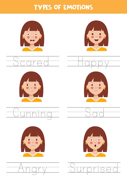 Trazar nombres de tipos de emociones Práctica de escritura