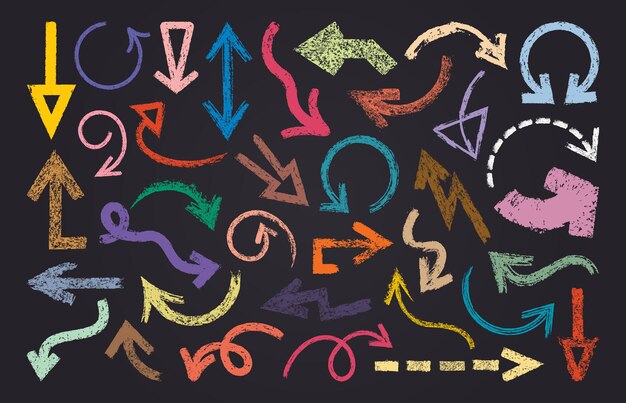 Trazas de tiza de colores flechas flechas de carbón de leña áspera textura tiza que indica punteros dibujadas a mano formas de flecha abstracta ilustración vectorial plana conjunto de signos de flecha brillante colección