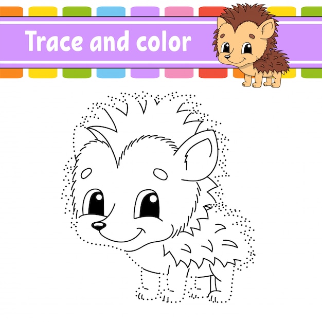 Trazo y color. página para colorear para niños. práctica de escritura a mano. hoja de trabajo de desarrollo educativo. erizo animal. página de actividades