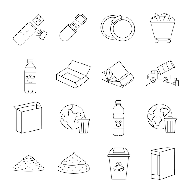 trazo editable completo del icono de residuos y basura establecido en fondo blanco