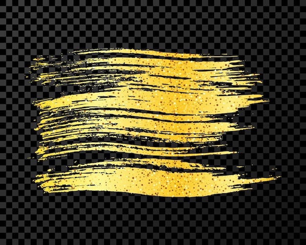 Trazo de pincel dorado Mancha de tinta dibujada a mano aislada sobre fondo transparente oscuro Ilustración vectorial