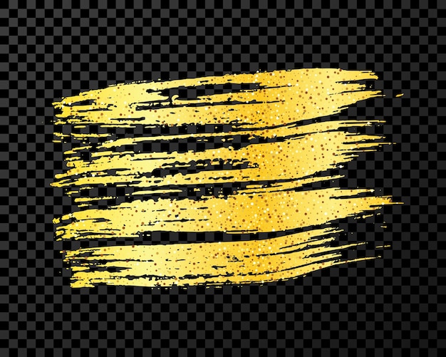 Trazo de pincel dorado Mancha de tinta dibujada a mano aislada sobre fondo transparente oscuro Ilustración vectorial