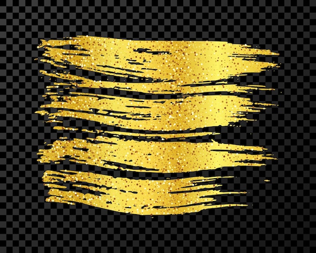 Trazo de pincel dorado Mancha de tinta dibujada a mano aislada sobre fondo transparente oscuro Ilustración vectorial