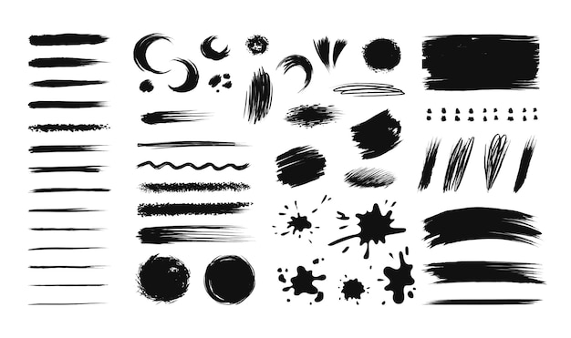 Trazo de pincel de tinta Pincel angustiado forma de salpicadura Banner de pintura negra grungy para texto Manchas o garabatos para incubar Manchas ásperas abstractas Pincelada subraya Vector aislado texturas desordenadas conjunto