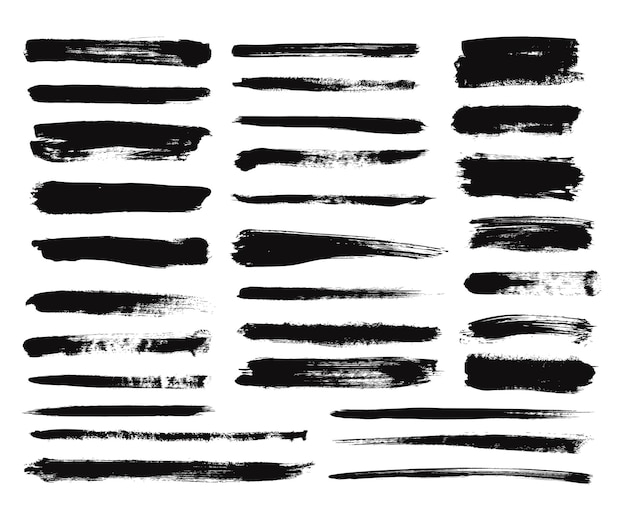 Trazo de pincel de tinta. Pintura seca mancha larga, manchas negras. Líneas rectas texturizadas aisladas o elementos de diseño de arte grunge. Conjunto de dibujo vectorial. Pincel, ilustración de trazo de tinta grunge