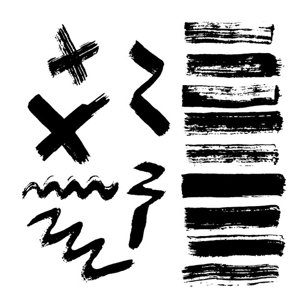 Trazos de pincel grunge negro. Gran conjunto de líneas de onda de tinta de pincel pintado, rayas y cruces. Mancha de tinta aislada sobre fondo blanco. ilustración vectorial
