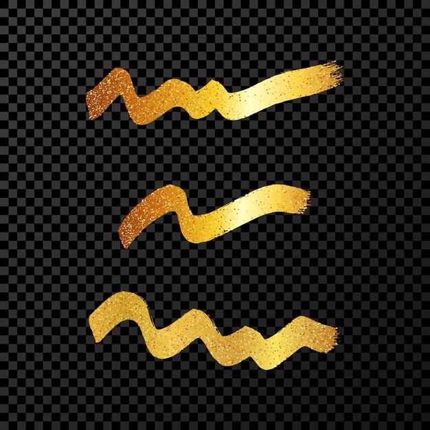Trazos de pincel grunge ondulado dorado Conjunto de tres rayas de tinta pintadas Mancha de tinta aislada sobre fondo transparente oscuro Ilustración vectorial