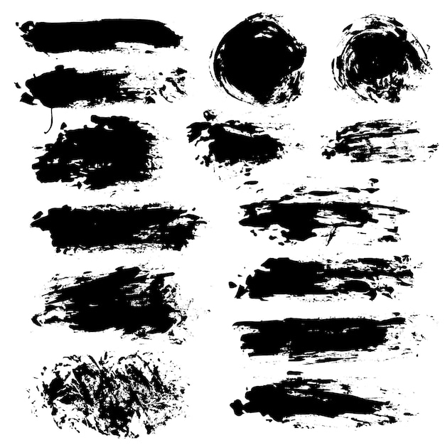 Trazos de pincel Juego de pinceles vectoriales Manchas de símbolos de pintura Elementos de diseño de grunge redondo Cuadros de texto largos Banderas circulares de textura sucia Salpicaduras de tinta Objetos pintados con textura Manchas con gotas