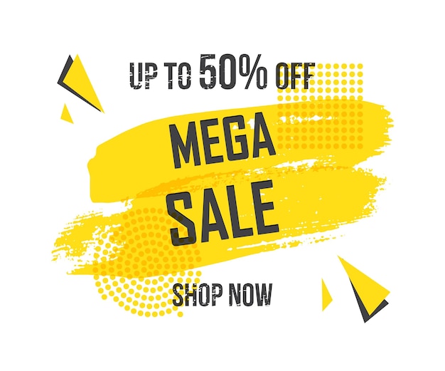 Trazos de pincel de plantilla de banner de promoción amarilla con palabras de Mega Sale
