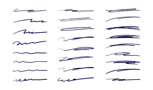 Trazos subrayados dibujados a mano Esbozo pincel garabateos marcador de tinta líneas garabateadas a mano libre trazo de pluma Doodle curvas pintadas varias formas y elementos de lápiz conjunto vectorial