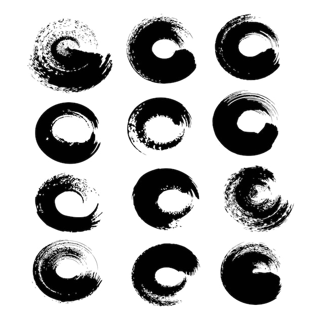 Trazos con textura de círculo negro colocados aislados sobre un fondo blanco