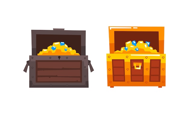 Treasure Wooden Brown Chests Set Abierto Antique Pirate Dower Chest Ilustración vectorial de dibujos animados