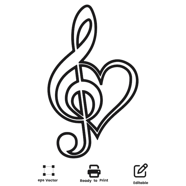Treble Clef Forma del corazón Símbolo de amor Logotipo Música minimalista Vector del día de San Valentín Diseño página de colorear