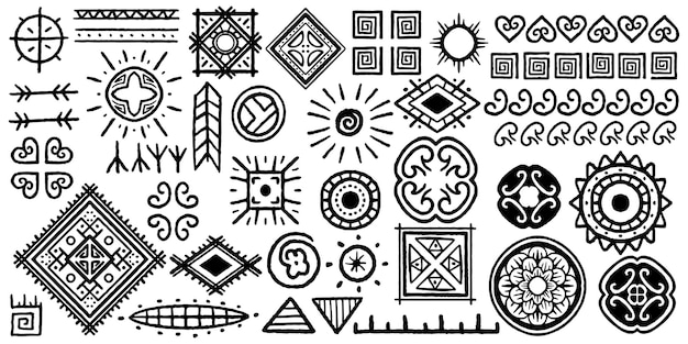 Treinta y seis dibujos a mano étnicos tribales conjunto de elementos conjunto de dibujos geométricos tribales africanos