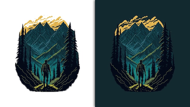 trekker en el exuberante bosque montañas vector camiseta diseño gráfico ilustración