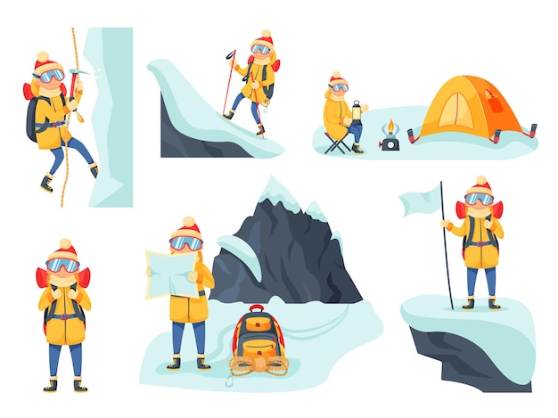 Trekking o senderismo alpinista en temporada de invierno. Amante de los deportes extremos superando el campamento de la cresta nevada, buscando una ruta segura en un mapa de papel