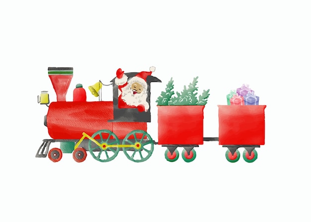 Tren acuarela de feliz navidad con estilo de dibujos animados