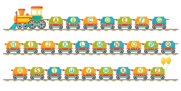 Tren alfabeto para niños en estilo de dibujos animados. Solo letras mayúsculas. Vector letras ABC para la educación de los niños en la escuela, preescolar y jardín de infantes.