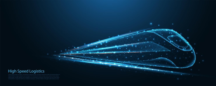 Vector tren de alta velocidad con estructura de alambre de polietileno. concepto de logística, transporte, turismo y tecnología ferroviaria. conexión. diseño de estructura metálica de baja poli. fondo geométrico abstracto. ilustración vectorial.