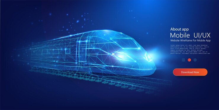 Vector tren de alta velocidad del futuro diseño de malla poligonal luminosa corriendo a través de un vacío azul cósmico tecnología futurista de alta tecnología concepto de transporte digital futuro ilustración vectorial