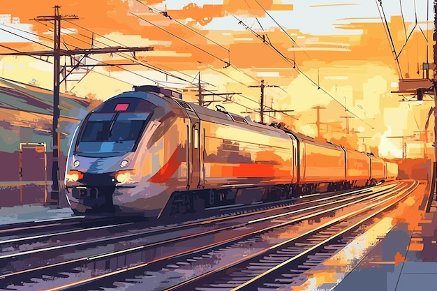 Tren de alta velocidad en movimiento en la estación de tren al atardecer Tren de pasajeros moderno de movimiento rápido en r