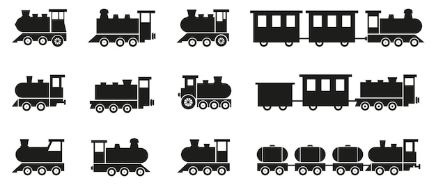 Tren de carga con colección de iconos de tren de pasajeros de locomotora Colección de silueta negra de trenes de carga Conjunto de transporte ferroviario