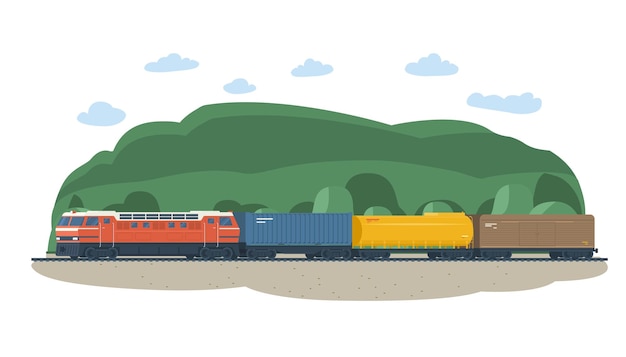 Tren de carga en el fondo de un paisaje rural Ilustración vectorial