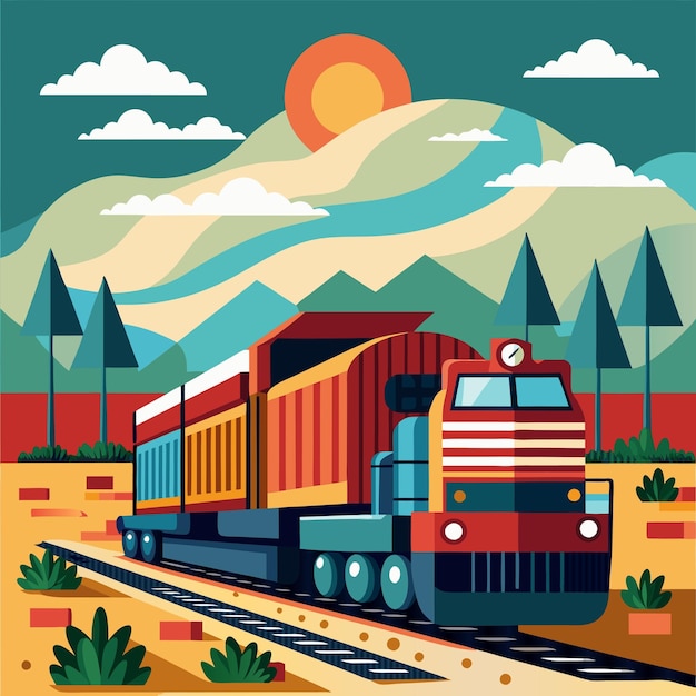 un tren con un coche de caja roja en la parte delantera está viajando a través de un paisaje desértico