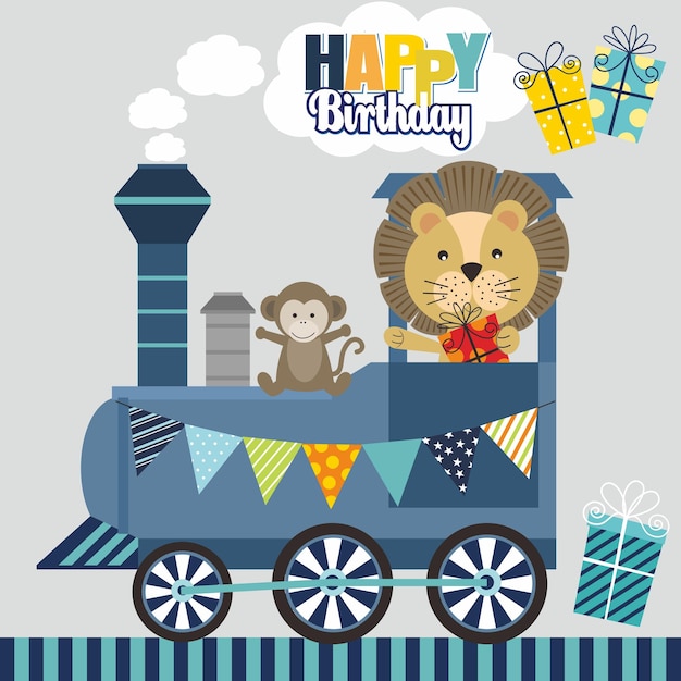 Tren de cumpleaños feliz con animales y regalos