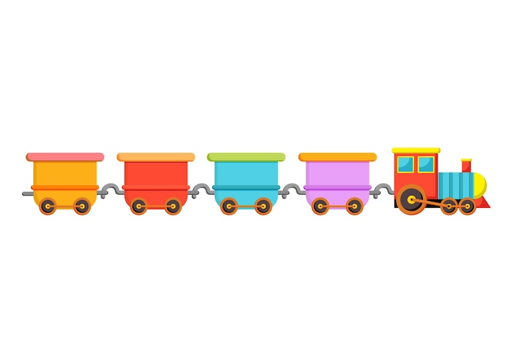 Vector tren de dibujos animados de colores con vagones en estilo plano aislados en fondo blanco