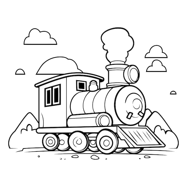 Vector tren de dibujos animados con una locomotora para el libro de colorear