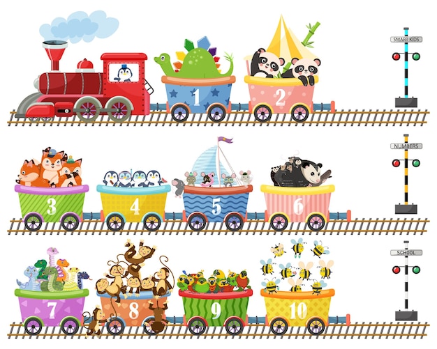 Vector tren divertido de dibujos animados con números varios animales locomotora roja ferrocarril largo lindo panda sonriente zorro alegre zarigüeya concepto de viaje alegre educación preescolar educación vectorial ilustración