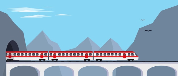 Tren expreso de pasajeros en el puente del túnel en las montañas