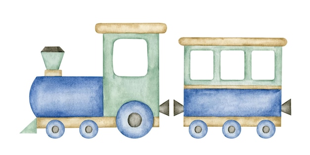 Tren de juguete ecológico de madera Acuarela dibujada a mano estilo escandinavo ilustración de juguete Bebé niño juguete clipart