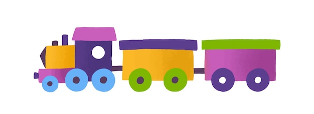 Tren de juguete infantil con ilustración de vector de vagones. Transporte ferroviario colorido aislado sobre fondo blanco. Lindo vehículo de ferrocarril dibujado a mano. Juguete para niños, locomotora multicolor.