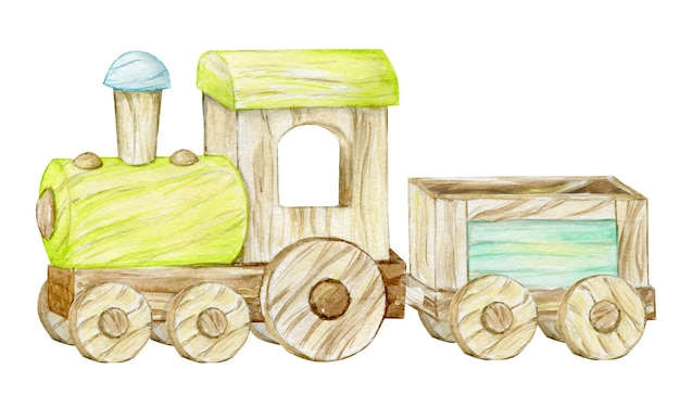 Tren de juguete de madera sobre fondo blanco. Imágenes prediseñadas de acuarela en estilo de dibujos animados, para invitaciones infantiles y postales.