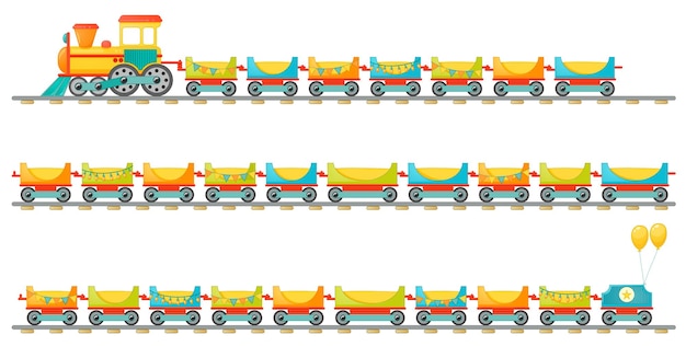 Tren de juguete para niños con vagón diferente en estilo de dibujos animados. ilustración de vector aislado sobre fondo blanco.