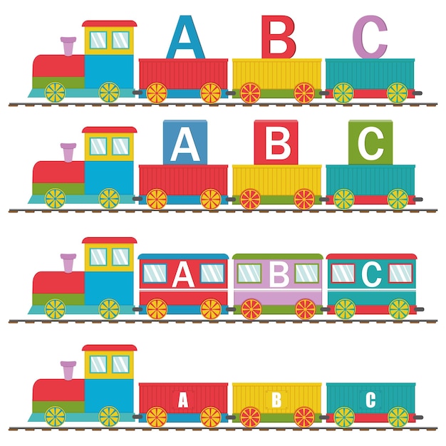 Vector tren de madera con coches y letras abc de vuelta a la escuela ilustración vectorial de color en estilo plano