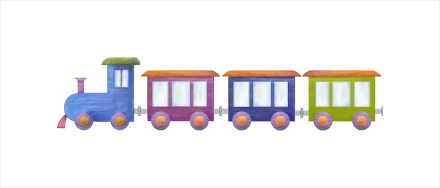 Tren de madera para niños con vagones juguetes de madera multicolor para niños ilustración de acuarela para el saludo del paquete