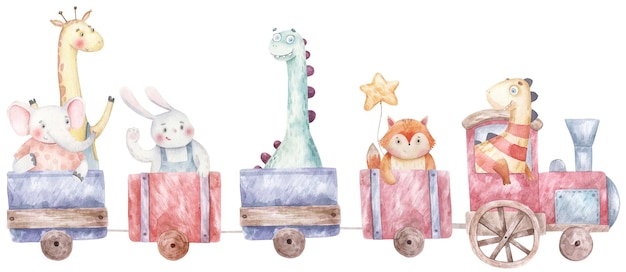 Tren, máquina de vapor con animales y dinosaurios ilustración acuarela infantil sobre un fondo blanco.