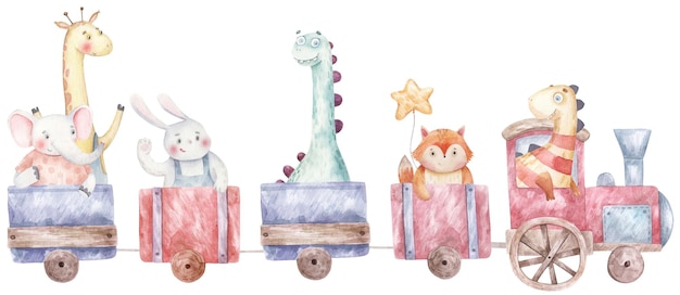 Tren, máquina de vapor con animales y dinosaurios ilustración acuarela infantil sobre un fondo blanco.